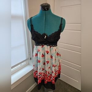 NK IMODE CHEMISE LINGERIE SLIP DRESS BLACK LACE RED POPPY FLOWERS WOMEN MEDIUM